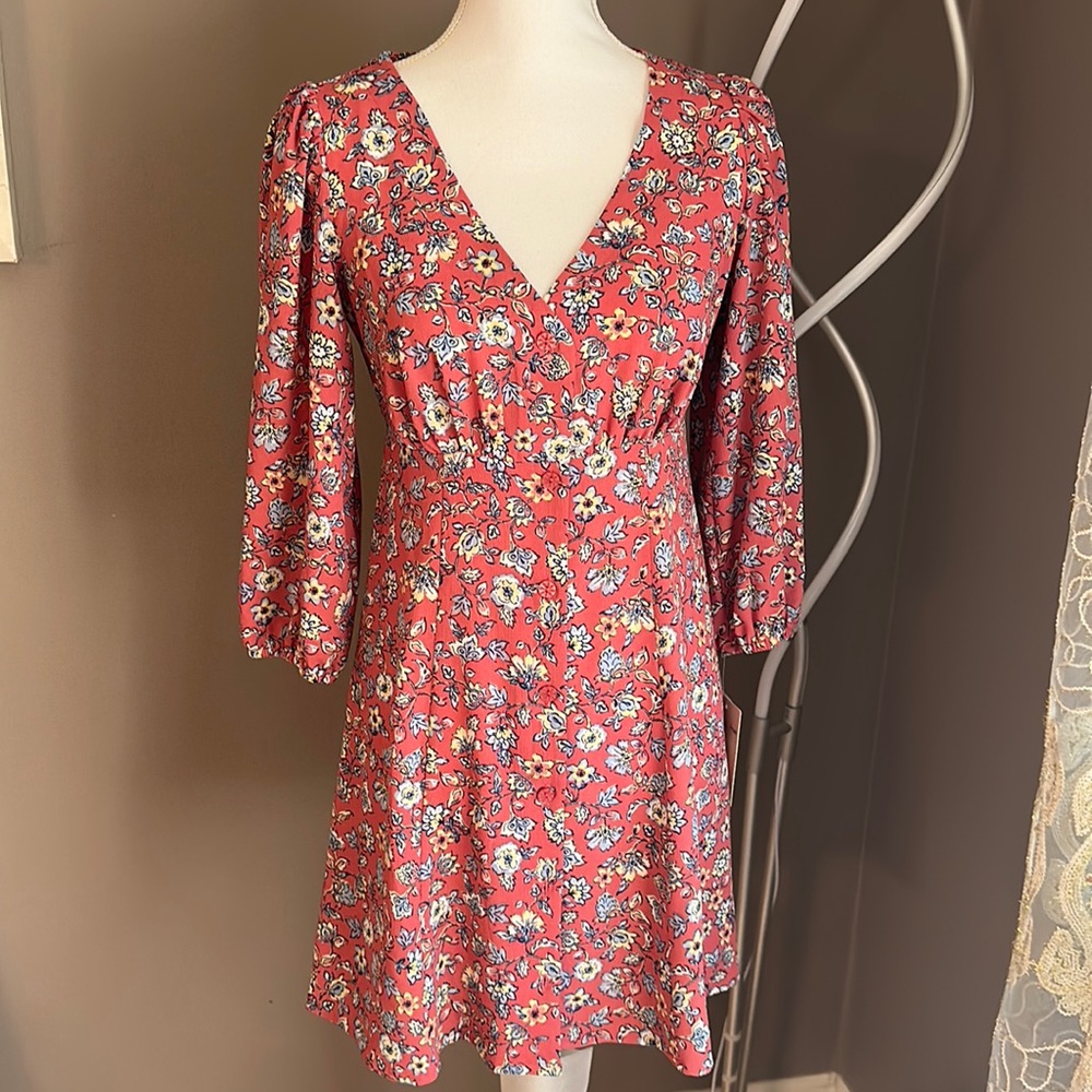 Bebop women fit and flare long sleeve shirt dress summer v neck small pink